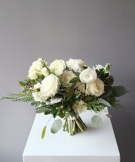 WCBQTMD17,WCBQTSM17,WCBQTLG17 A gorgeous classically styled bouquet featuring a blend of white roses, white spray roses, white stock, ranunculus, and anemone, soft dusty miller, flat cedar, and other textures, hand-tied with a ribbon wrapped stem. Perfect for holiday destination weddings, courthouse surprises, and romantic elopements.(No Vase Included) Greenery Wedding Centerpieces, Garden Wedding Bouquet, Ranunculus Bouquet, Anemone Bouquet, White Spray Roses, Simple Wedding Bouquets, White Flower Bouquet, Winter Bridesmaids, White Rose Bouquet