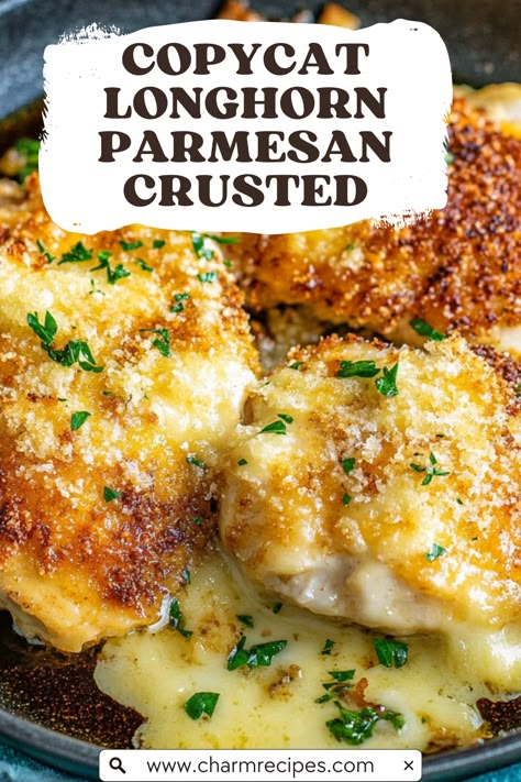 Copycat Longhorn Parmesan Crusted Chicken: A Flavorful Delight! Longhorn Crusted Chicken, Parmesan Crusted Chicken Longhorn Recipe, Hellmans Parmesan Crusted Chicken, Parmesan Chicken Longhorn Copycat, Flavored Chicken Recipes, Outback Parmesan Crusted Chicken, Chicken Crusted Parmesan, Long Horn Steakhouse Parmesan Chicken, Most Popular Chicken Recipes