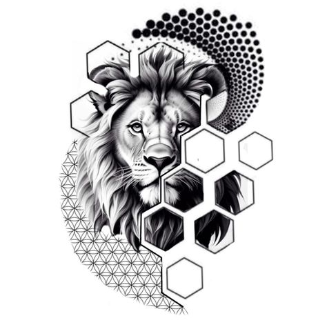 Lion Mandala Tattoo Design, Hexagon Tattoos, Calf Tattoo Ideas, Japanese Leg Tattoo, Arm Tattoos For Guys Forearm, Geometric Animal Tattoo, Hexagon Tattoo, Geometric Lion Tattoo, Geometric Line Tattoo