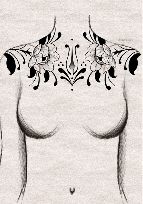 Women chespiece tattoo design Art Deco Chest Tattoo, Ordimental Tattoo Design, Art Nouveau Chest Tattoo, Woman Chest Tattoo, Traditional Tattoo Flowers, Nouveau Tattoo, Cherry Tattoos, Tattoo Floral, Armband Tattoos