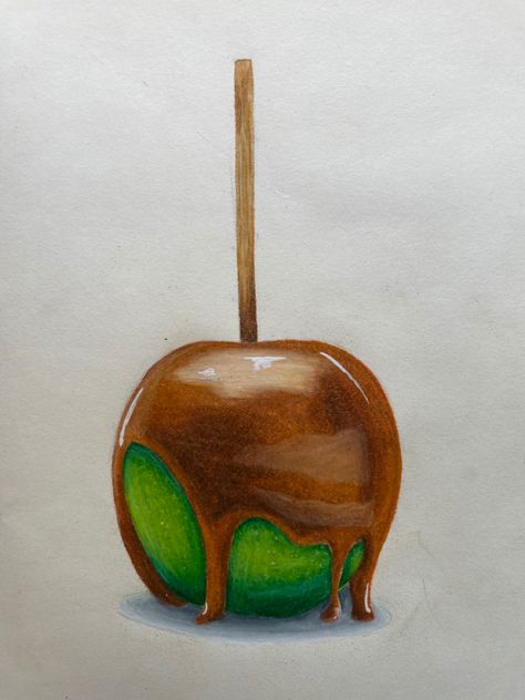 Carmel Apple Drawing, Easy Realistic Drawings Color, Drawings Coloured Pencils, Dessert Drawing Realistic, Candy Apple Drawing, Realistic Food Drawings, Beginner Colored Pencil Drawing Ideas, Colour Pencil Art Drawings Creative, Snack Sketch