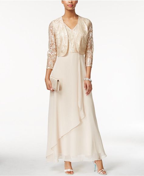 Tahari ASL Jacket Dress Sequin-Lace Gown and Jacket Satin Dress With Jacket, Lace Top Gown, Gown With Jacket, Two Piece Gown, Open Jacket, Sleeveless Gown, Alex Evenings, Lace Jacket, Satin Jackets