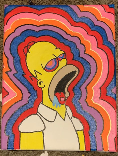 Cartoon Drawings Trippy, The Simpsons Painting Ideas, Canvas Painting Ideas High, Cool Trippy Paintings, 80s Aesthetic Paintings, Trippy Simpsons Painting, Cool Canvas Paintings, 2000s Painting Ideas, Vibey Paintings