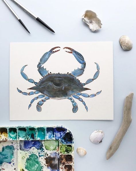 This blue crab and its companions have been a slow but steady painting process but worth the patience and progress. Crab Sign, Cap Wall, Giant Wall Art, Maryland Blue Crab, Prints Illustration, State Symbols, Wall Art Beach, Blue Crab, Beach Signs