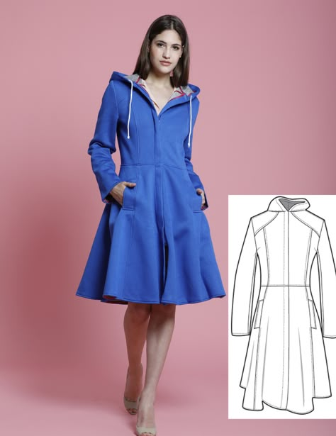 Free Jacket Pattern Winter Coat Pattern Sewing, Coat Dress Pattern, Womens Jacket Patterns Sewing, Sewing Coats Women, Rain Jacket Sewing Pattern, Princess Coat Pattern, Free Jacket Pattern, Coat Patterns Free, Jacket Patterns For Women Sewing