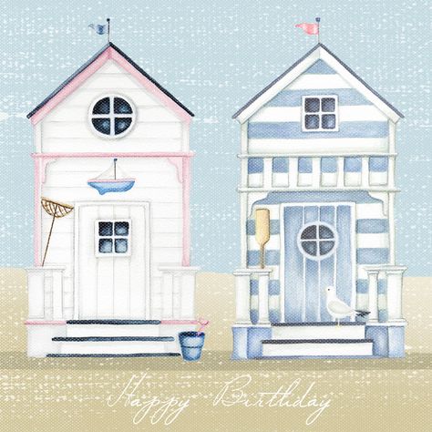 Two Beach Huts Beach Huts Art, Deco Marine, Beach Cabana, Beach Cards, Summer Illustration, Advocate Art, Beach Huts, Beach Shack, Cottage Art