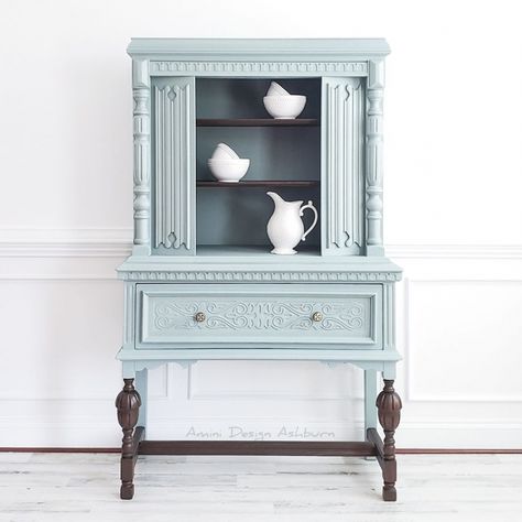 Persian Blue Hutch | General Finishes Design Center Oak Cabinet Makeover, Diy Furniture Makeover Projects, Space Collage, Diy Furniture Makeover, Painted Hutch, Jacobean Style, Coffee Table Makeover, General Finishes Milk Paint, Furniture Redos