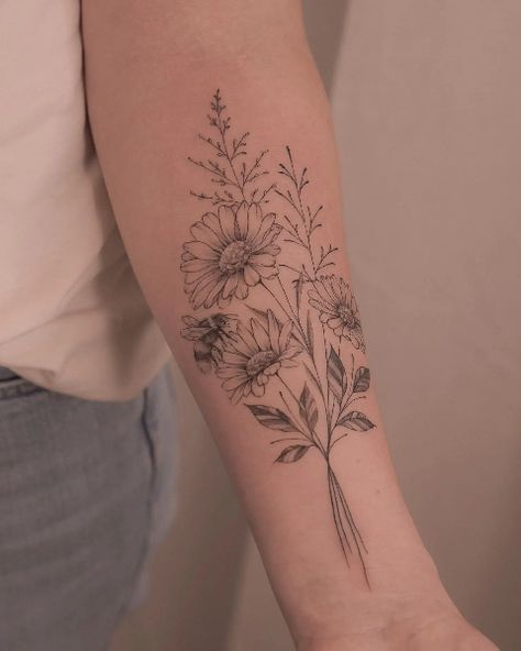 Tattoo Meanings Symbols, Daisy Flower Tattoo Designs, Daisy Tattoo Ideas, Daisy Flower Tattoo, Cosmos Tattoo, Daisy Tattoo Designs, Enough Tattoo, Daisy Flower Tattoos, Flower Bouquet Tattoo