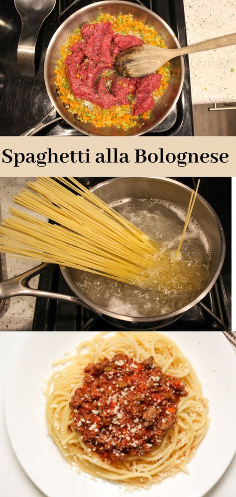 Three images showing the process of cooking beef bolognese sauce in a skillet, the process of cooking spaghetti and cooked spaghetti topped with beef bolognese sauce in a white plate. Ragu Sauce, Italian Pasta Dishes, Bolognese Recipe, Bolognese Sauce, Spaghetti Pasta, Italian Pasta, Meat Sauce, Family Meal, Grated Parmesan Cheese