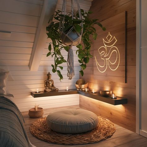 15 Spiritual Bedroom Ideas: From Minimalist To Boho | Ministry Of Numerology - By Johanna Aúgusta Yoga Corner Bedroom, Spiritual Bedroom Ideas, Healing Room Ideas, Spiritual Bedroom, Meditation Nook, Meditation Room Design, Yoga Corner, Spiritual Room, Yoga Studio Design