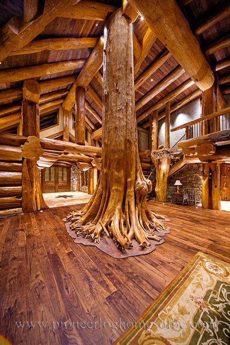 Amazing ceadar as family tree in great room. Round log post-and-beam home by Pioneer Log Homes of British Columbia Cabin Style Living Room, Case Sotterranee, Weird Houses, Loft Designs, Casa Hobbit, Log Houses, Post And Beam Home, Wooden Interior, Log Home Living