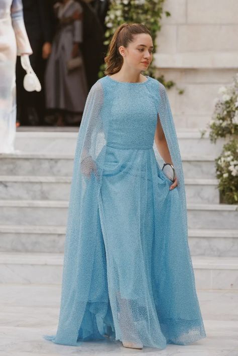 Princess Jalila Bint Ali of Jordan Sky Blue Fashion, Wedding In June, Shades Of Sky, Prince Ali, Embellished Fabric, Nikkah Dress, Royal Clothing, Stylish Winter Outfits, Evening Dresses With Sleeves