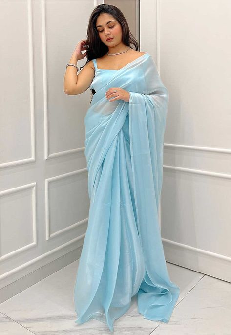 Solid Color Organza Saree in Light Blue Blue Organza Saree, Farewell Sarees, Blue Organza, Back Neck Designs, Drape Saree, Utsav Fashion, Satin Saree, Net Saree, Blue Saree