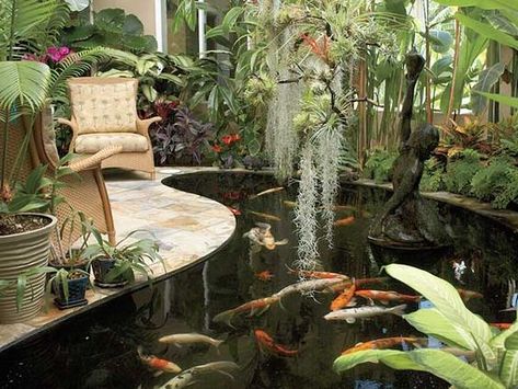 Indoor Pavilion, Garden Atrium, Mini Jardin Zen, Greenhouse Conservatory, Conservatory Sunroom, Indoor Pond, Kolam Air, Diy Pond, Pond Ideas