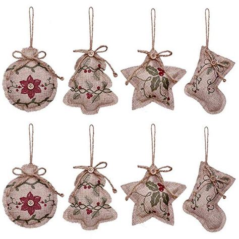 YOSICHY Rustic Christmas Tree Ornaments Stocking Decorations Burlap Country Christmas Stocking Ball Tree Bell with Red and Green Holly Leaves for Holiday Party Decor-8PCS Natal Country, Burlap Ornaments, Linen Pendant, Burlap Trees, Christmas Decorations Cheap, Christmas Linen, Burlap Christmas, Christmas Pendant, Stocking Tree