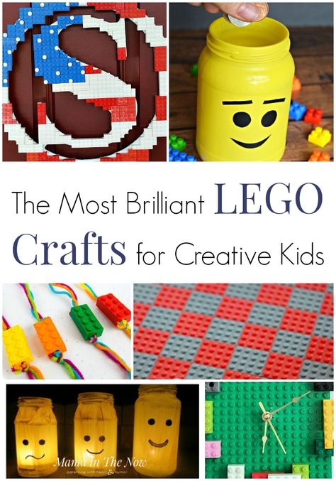 Brilliant LEGO crafts for creative kids. LEGO craft ideas for kids of all ages. Create with LEGO. Crafts for kids using LEGO. Projects for kids using LEGO. #LEGO #LEGOCrafts #LEGOFun #CraftsforKids #CreativeKids #MamaintheNow Lego Craft Ideas, Lego Crafts For Kids, Lego Painting, Lego Sign, Lego Balloons, Lego Crayons, Lego Crafts, Diy Photo Ornaments, Lego Camp