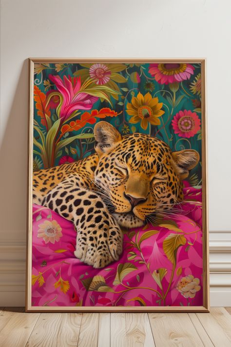 Transform your bedroom into a vibrant sanctuary with this stunning printable wall art featuring a sleeping leopard in a maximalist oil painting style. This bold pink poster combines the grace of a wild animal with eclectic floral elements, creating a kitsch yet sophisticated piece that exudes dopamine decor. Perfect for those who love daring and colorful designs, this artwork will add a touch of whimsy and exotic charm to your space. Leopard Bedroom Decor, Leopard Bedroom, Jungle Wall Decor, Leopard Wall Art, Leopard Wall, Jungle Wall Art, Leopard Art, Jungle Wall, Maximalist Wall