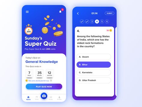 Quiz - Super Quiz by Shubham Verma Trivia App, Ui Design Mobile, Quiz Design, App Interface Design, Online Quiz, App Design Inspiration, App Interface, Ui Design Inspiration, Personality Quiz