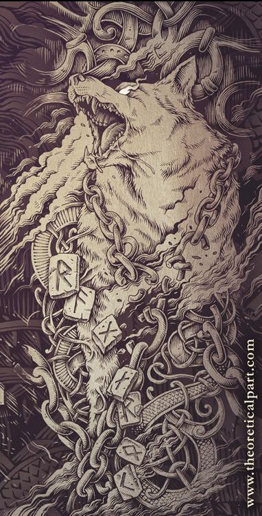 Fenrir Tattoo Mythology, Nordic Mythology Wallpaper, Fenrir Drawing, Norse Mythology Wallpaper, Fenrir Tattoo Design, Fenrir Design, Fenrir Art, Valhalla Art, Viking Artwork