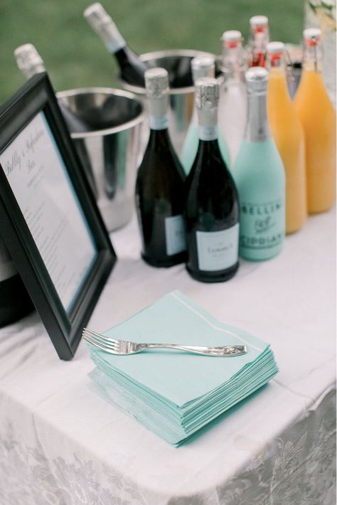 It wouldn't be breakfast without some bubbly! We found this champagne that matched our tiffany colored aesthetic perfectly! Prom Breakfast, Bridal Shower Breakfast At Tiffanys, Cheese Board Party, Princess Picnic, Menu Dinner Party, Bridal Shower Breakfast, Wedding Shower Theme, Colored Aesthetic, Aesthetic Dinner Party