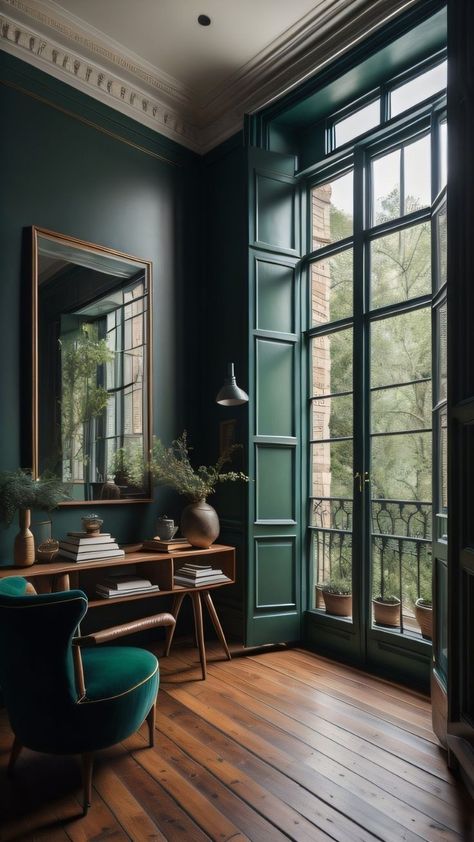 Dark Cottage Core Bedroom Ideas, Woodland Aesthetic, Dark Academia Interior, Dark Home Decor, Dark Home, Green Walls, Dark Interiors, Green Interiors, Green Rooms