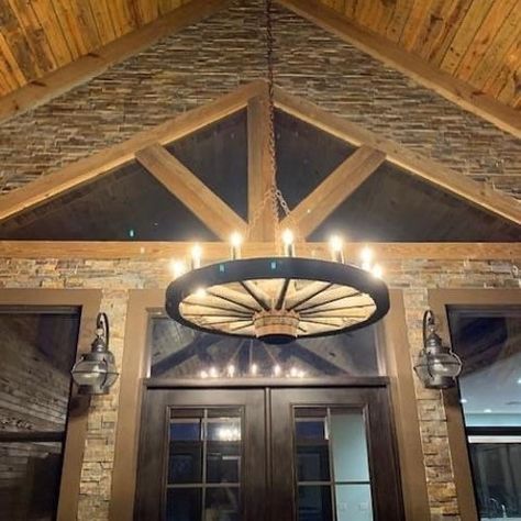 Hunting Lodge Kitchen, Wagon Wheel Light, Antique Wagon Wheels, Rustic Industrial Lighting, Lodge Kitchen, Wooden Wagon Wheels, Antique Wagon, Jar Chandelier, Mason Jar Chandelier