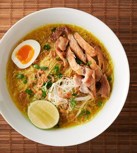 soto ayam - indonesian chicken noodle soup - glebe kitchen Soto Ayam Recipe, Spicy Soup Recipes, Indonesian Chicken, Sup Ayam, Spicy Soup, Homemade Noodles, Indonesian Cuisine, Crispy Fried Chicken, Chicken Noodle Soup