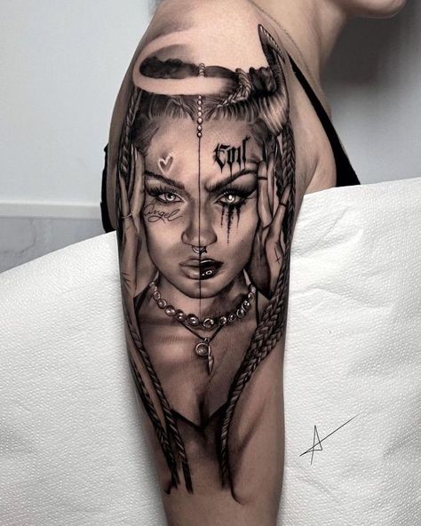 Scary Tattoo Designs, Chicano Art Style, Chicanas Tattoo, Gemini Tattoo Designs, Face Tattoos For Women, Chicano Tattoos Sleeve, The Bloodline, Girl Face Tattoo, Realistic Tattoo Sleeve