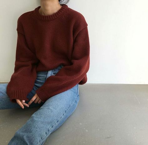 Burgundy Jeans, Korean Fashion Outfits, Big Sweaters, Pullover Outfit, Famous Designer, Maroon Sweater, Korean Fashion Trends, Instagram Beauty, Rory Gilmore