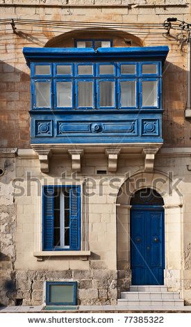 Traditional Maltese balcony, Valletta, Malta by Khirman Vladimir, via ShutterStock Maltese Architecture, Maltese Balconies, Malta Doors, Malta Architecture, Malta House, Classical Facade, Blue Windows, Malta Valletta, Townhouse Interior