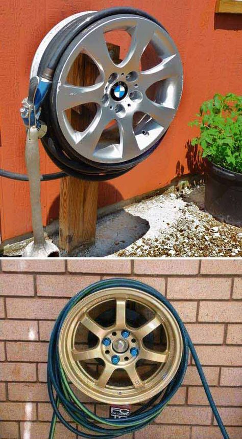 Pond Diy, Garage Hacks, Garden Hose Storage, Reuse Recycle Repurpose, Bar Garden, Car Part Furniture, Bar Beer, Hose Storage, Garden Modern