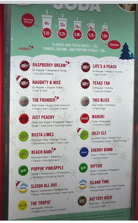 Swig Drink Orders, Christmas Soda Bar, Gourmet Soda Recipes, Soda Shop Ideas, Swig Recipes, Soda Shop Recipes, Dirty Soda Bar Recipes, Swig Drink Recipes, Soda Combinations