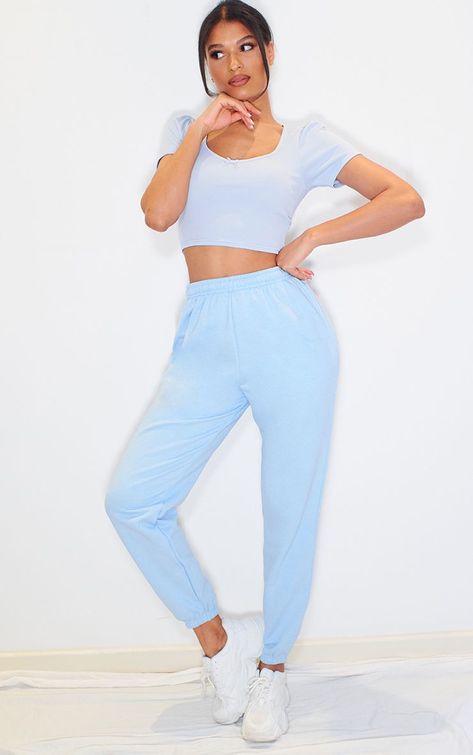 Light Blue Sweatpants Outfit, Blue Sweatpants Outfit, Summer Sweatpants, Light Blue Sweatpants, Sweatpants Outfit Ideas, Rave Fits, Blue Sweatpants, Sweat Pant, Sweatpants Outfit