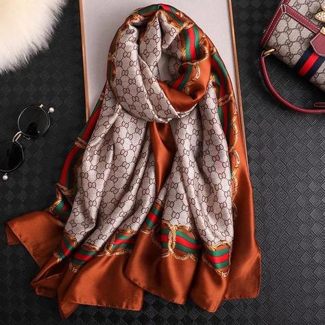 Thick Scarf, Floral Shawl, Pure Silk Scarf, Head Wrap Scarf, Vogue Pattern, Scarf For Women, Printed Silk Scarf, Brown Silk, Patterned Scarves