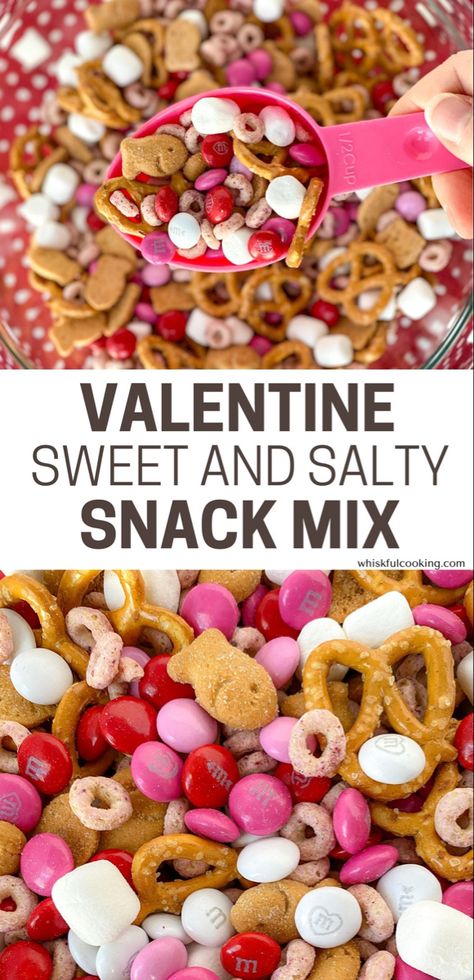 Bowl of valentine sweet and salty snack mix with a close up of a scoop full of the mix Valentine’s Day Snack Mix For Kids, Valentines School Treats Non Candy, Chex Mix For Valentine’s Day, Valentine’s Day Treat Bags For School, Valentine Trail Mix For Kids, Valentines Day Chex Mix Recipe, Valentine’s Day Kindergarten Party Snack, Easy Valentine Treats For Kids, Valentine Cooking With Kids