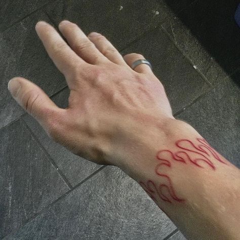 Red tattoo on wrist with a ring Red Tattoo Ideas, Red Ink Tattoo, Red Tattoo, Flame Tattoos, Sick Tattoo, Fire Tattoo, Red Ink Tattoos, Dope Tattoos For Women, Red Tattoos