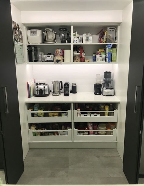 Kitchen Pantry Appliance Storage, Pantry Appliance Counter, Butlers Pantry Closet, Appliance Pantry Closet, Kitchen Appliance Closet, Small Pantry With Appliance Counter, Butlers Cupboard, Deep Cabinet Solutions, Small Appliance Storage Pantry