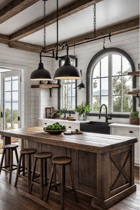 Rustic kitchen with a mix of reclaimed wood, antique furnishings, and bohemian-inspired decor Rustic Kitchen With Island, Hunting Cabin Kitchen, Eclectic Kitchen Bohemian, Rustic Kitchen Islands, Rustic Kitchen Island Ideas, Vintage Rustic Kitchen, Cozy Farmhouse Kitchen, Hunting Ranch, Earthy Kitchen