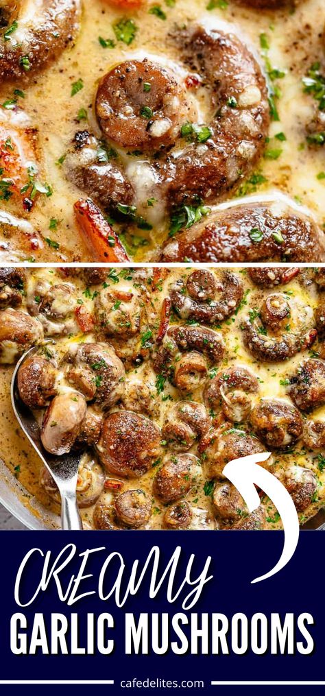 Creamy Garlic Mushrooms And Bacon, Shrimp Of The Woods Mushroom Recipe, Ways To Cook Mushrooms, Creamy Mushroom Casserole, Mushroom Medley Recipes, Cafe Delights Recipes, Fancy Mushrooms, Cheesy Mushrooms, Thanksgiving Mushrooms