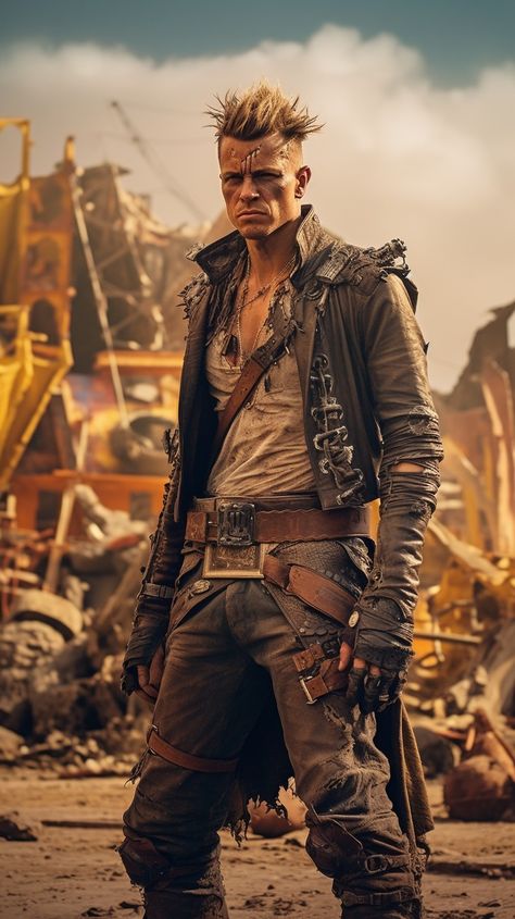 Mad Max Characters, Post Apocoliptic Art, Dystopian Fashion Men, Post Apocalypse Costume, Dystopian Future Fashion, Wasteland Outfit Men, Diesel Punk Fashion, Post Apocalyptic Cowboy, Wasteland Warrior Male