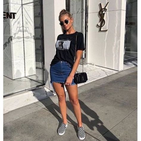 10 Ways To Style Slip-On Vans - Society19 Denim Skirt Tshirt Outfit, Vans Tshirt Outfits, Denim Skirt And Tshirt Outfits, Slipon Vans Outfit, Vans Sneakers Outfit Woman, Skirt And Vans Outfit, Vans With Dress Outfits, Casual Vans Outfit, Vans Checkerboard Outfit Women