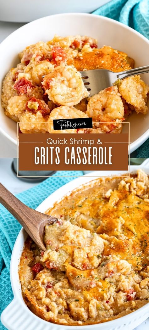 Quick Shrimp & Grits Casserole Shrimp And Grits Casserole, Cheesy Shrimp And Grits, Gf Entrees, 1970 Recipes, Easy Shrimp And Grits, Shrimp Casserole, Southern Foods, Grits Casserole, Shrimp N Grits Recipe