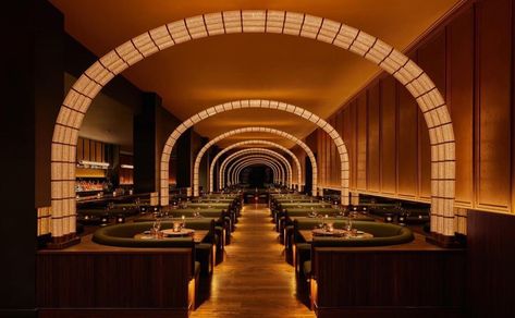 Dark And Moody Interiors, New York Restaurants, Fried Chicken Restaurant, Rockwell Group, Ritz Carlton Hotel, Garage Style, Moody Interiors, Korean Fried Chicken, Mirrored Wall