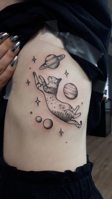 Space Kitty Tattoo, Cat Planet Tattoo, Cat In Space Tattoo, Space Chest Tattoo, Cat Space Tattoo, Space Cat Tattoo, Space Arm Tattoo, Space Tattoo Sleeve, Watercolor Fox Tattoos