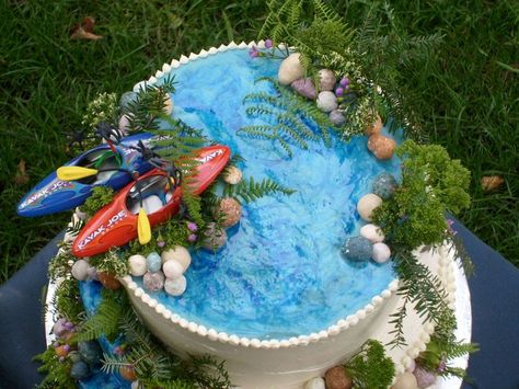 Kayak Cake — Round Wedding Cakes Kayak Wedding, Kayak Cake, Lake Cake, Surf Cake, Grooms Cakes, Round Wedding Cakes, Fishing Wedding, 40th Birthday Cakes, Dessert Cupcakes