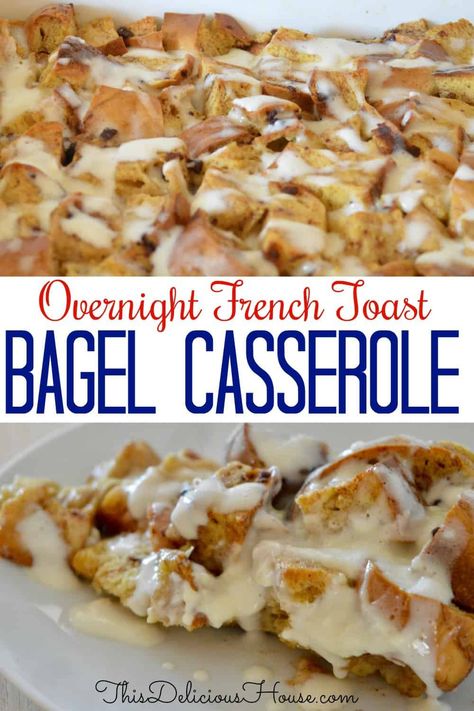 Overnight Bagel French Toast Casserole is the BEST sweet breakfast bake! With a delicious cream cheese glaze, you are going to want to make this bagel breakfast casserole all year round! #bagelbreakfastcasserole #frenchtoastcasserole French Toast Bagel, Bagel Casserole, Bagel French Toast, Sweet Breakfast Casserole, Overnight French Toast, Breakfast Bagel, Toast Casserole, Cream Cheese Glaze, Bagel Recipe