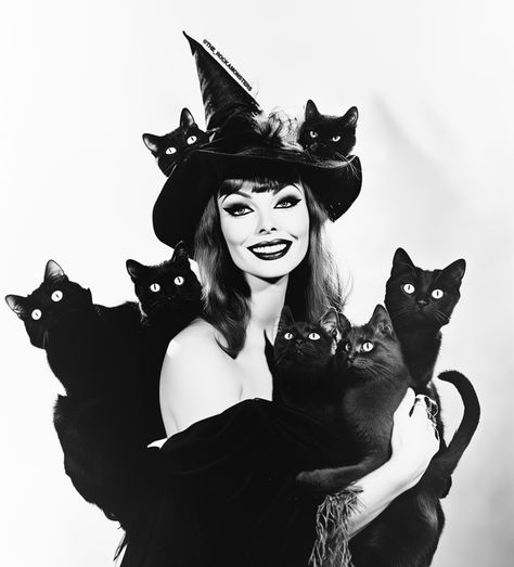 Vintage Morticia Addams, Witch Graphic Art, Bettie Page Halloween, Cat Costume Outfit, Vintage Cat Halloween Costume, Witch And Cat Art, Salem Witches Aesthetic, Pinup Witch Costume, Black Cat Witch Aesthetic