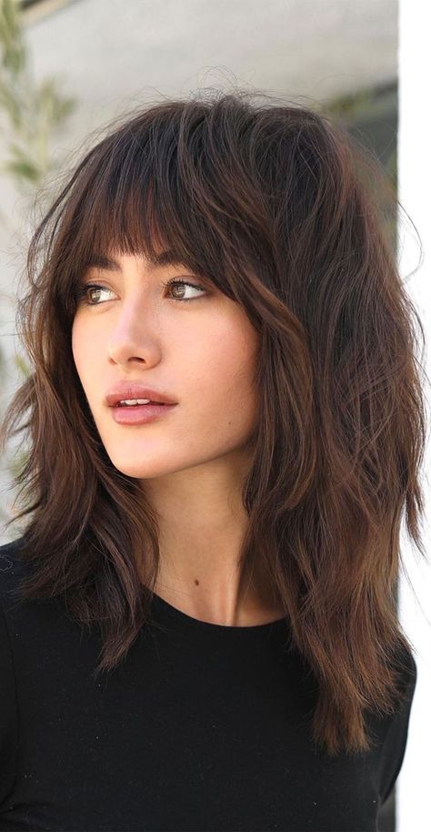 4. Bangs & Mid Length Haircut Not too short, not too long—just right! You will begin to notice a new trend this upcoming summer,... Hairstyles With Fringe, Braid Hairstyle Ideas, Beyonce Hair, Modern Shag Haircut, Hairstyles For Prom, Layered Hairstyles, Bangs With Medium Hair, Braid Hairstyle, Midlength Haircuts