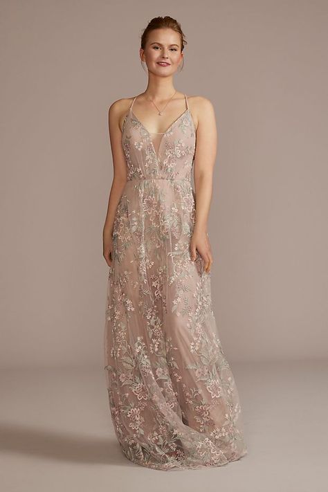 Floral Embroidered Bridesmaid Dress | David's Bridal Charmeuse Bridesmaid Dress, Modern Bridesmaid Dresses, Modern Bridesmaid, Davids Bridal Bridesmaid Dresses, Floral Bridesmaid Dresses, Fall Bridesmaid Dresses, Quince Dress, Perfect Bridesmaid Dress, Floral Bridesmaid