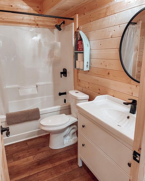 Cabin Feel Basement, Camp Bathroom Ideas Cabin, Pine Interior Design, Pine Bathroom Ideas, Pine Interior Walls, Knotty Pine Bathroom, Knotty Pine Bedroom, Tiny Cabin Bathroom, Knotty Pine Living Room